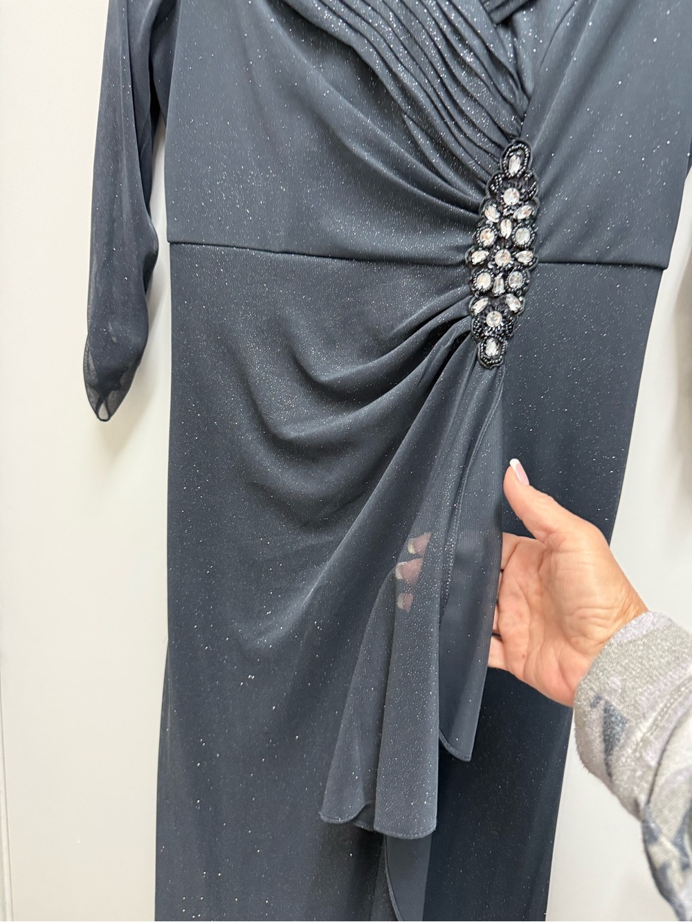 Alex Evenings Charcoal Sparkle Wrap-Front Long Sleeve Gown With Sheer Sleeves - Picture 8 of 14